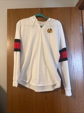 NHL Chicago Blackhawks White Lace-Up Hoodie with Red and Black Sleeve Stripes